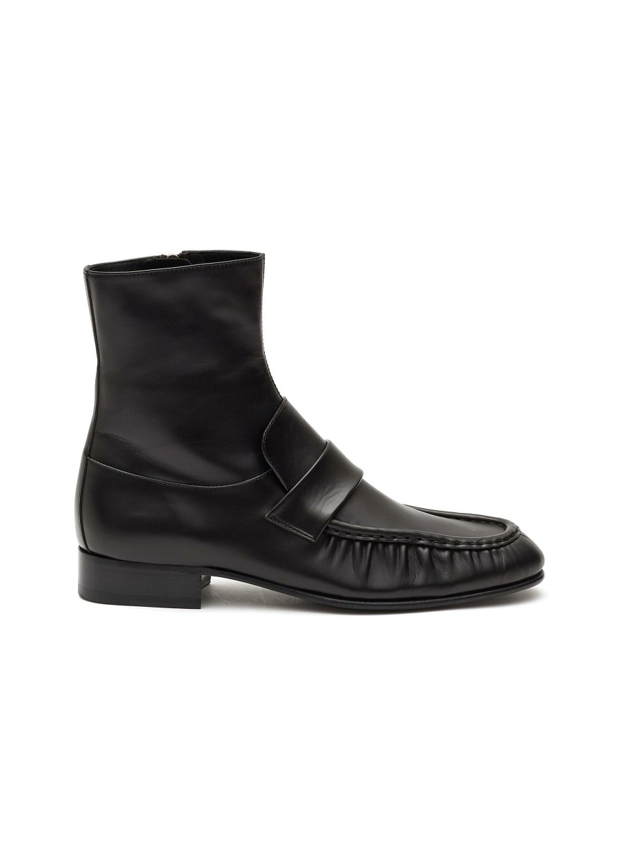 Shoes * | The Row Clearance Almond Toe Ruched Detail Calf Leather Loafer Boots