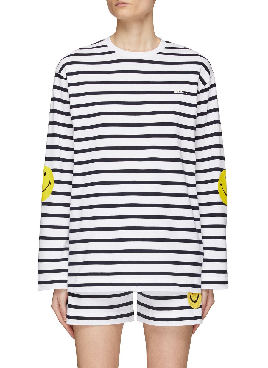 Clothing * | Joshua'S Quick Delivery Smiley Face Print Striped Cotton Long Sleeve T-Shirt