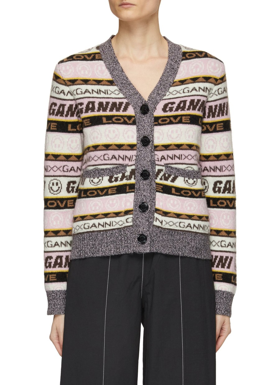 Clothing * | Ganni Fashion Logo Intarsia Striped V-Neck Knit Cardigan