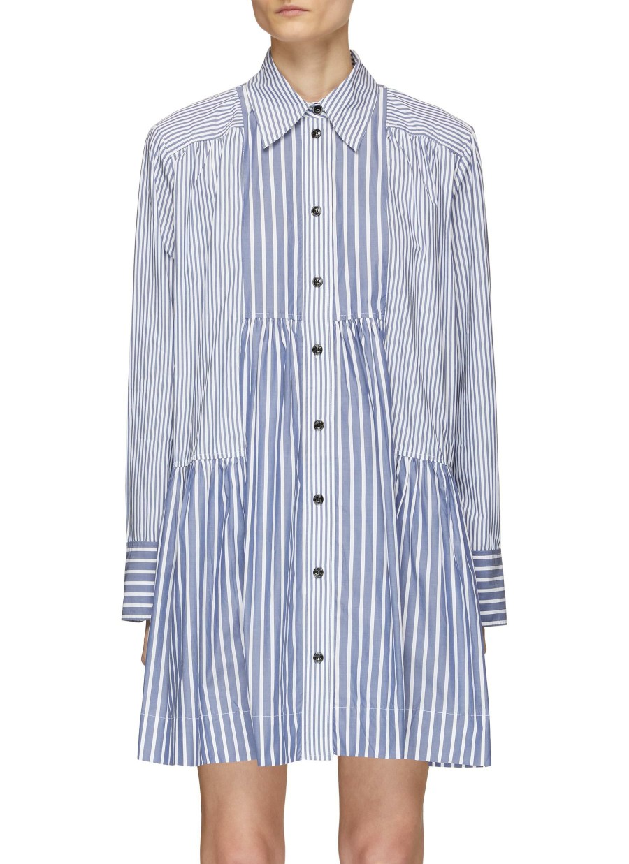 Clothing * | Ganni Best Sale Button Up Striped Mini Shirt Dress