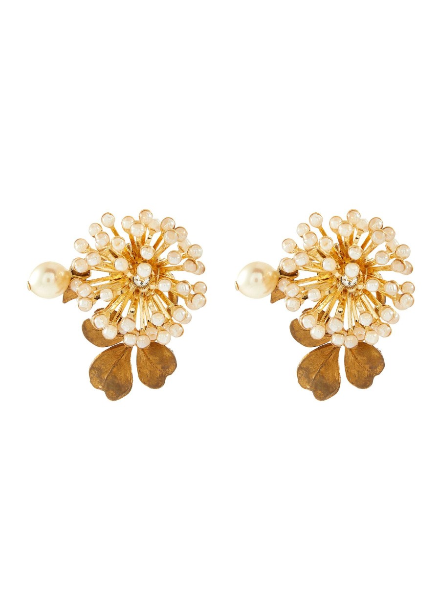 Accessories * | Monshiro Premium 'White Clover' Gold Plated Metal Pearl Glass Bead Mismatch Earrings