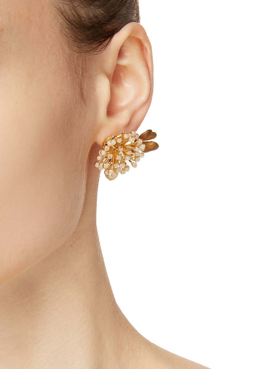 Accessories * | Monshiro Premium 'White Clover' Gold Plated Metal Pearl Glass Bead Mismatch Earrings