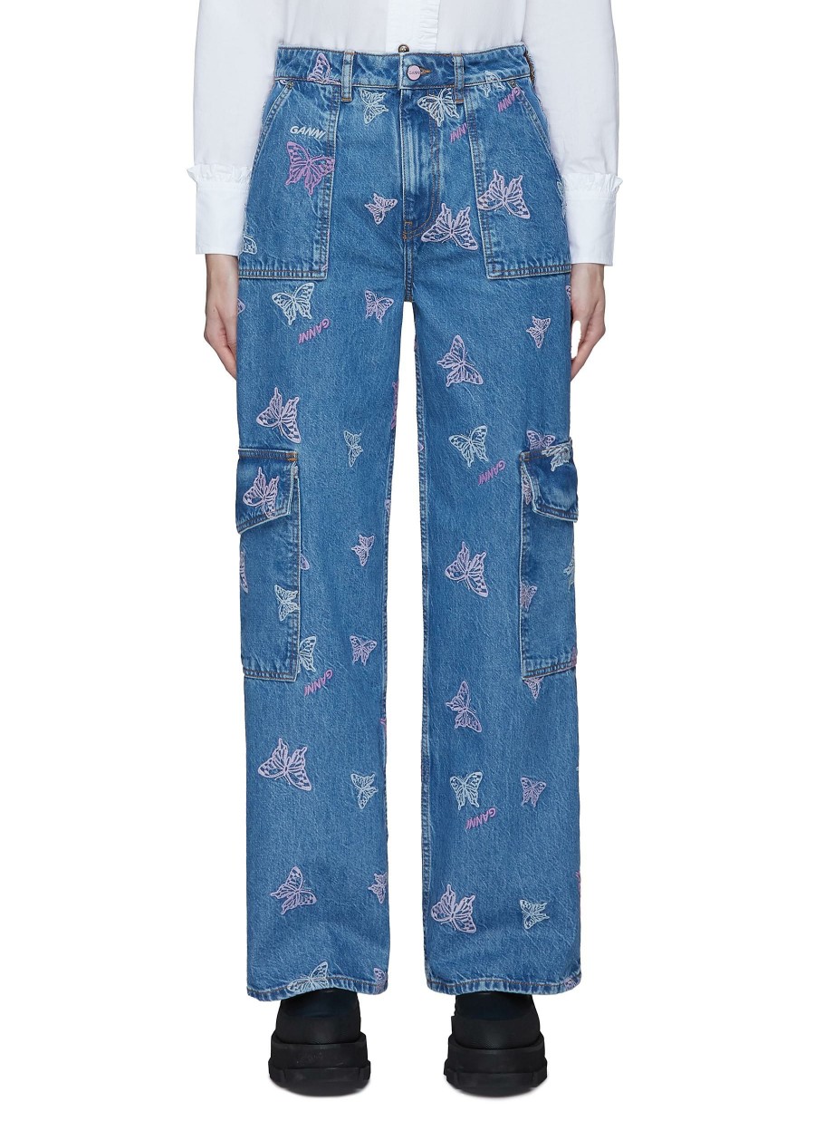 Clothing * | Ganni Excellent Quality Butterfly Embroidery Washed Cargo Jeans