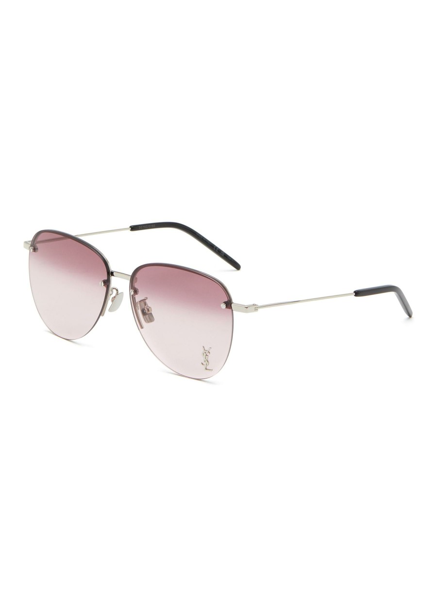 Accessories * | Saint Laurent Clearance Logo Applique Pink Lens Metal Frame Oversize Aviator Sunglasses