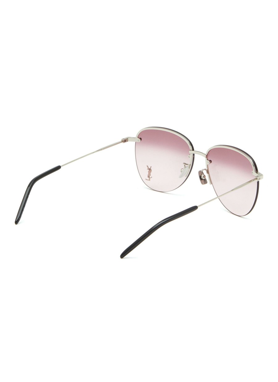 Accessories * | Saint Laurent Clearance Logo Applique Pink Lens Metal Frame Oversize Aviator Sunglasses