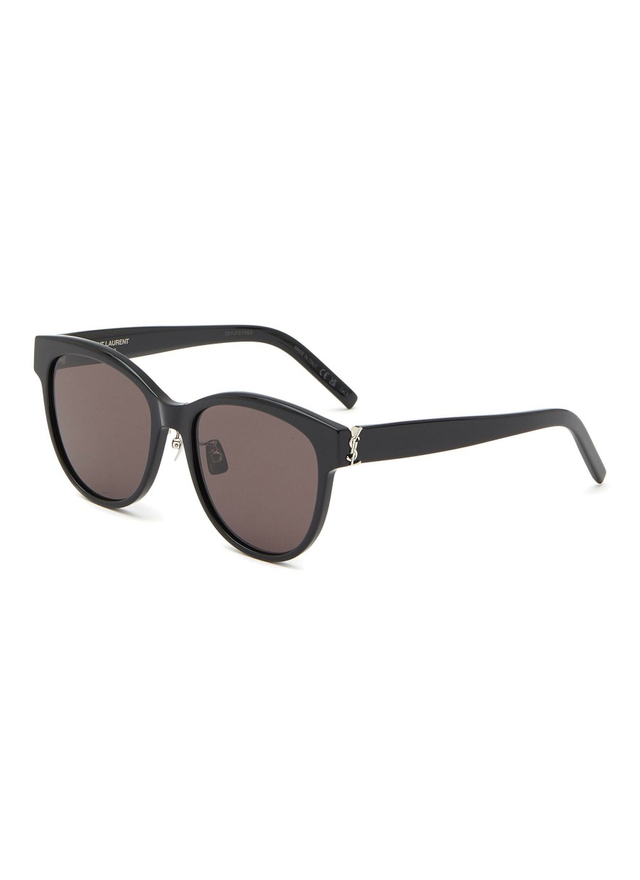 Accessories * | Saint Laurent Fashion Grey Lens Acetate Round Frame Logo Temple Sunglasses