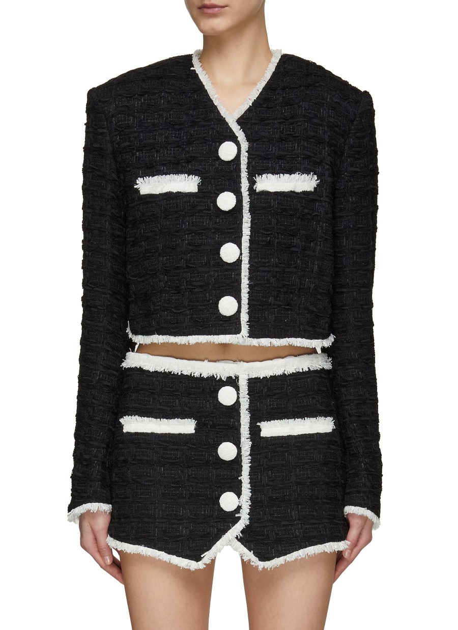 Clothing * | Balmain Outlet Sale Contrast Frayed Trim Tweed Cropped Jacket