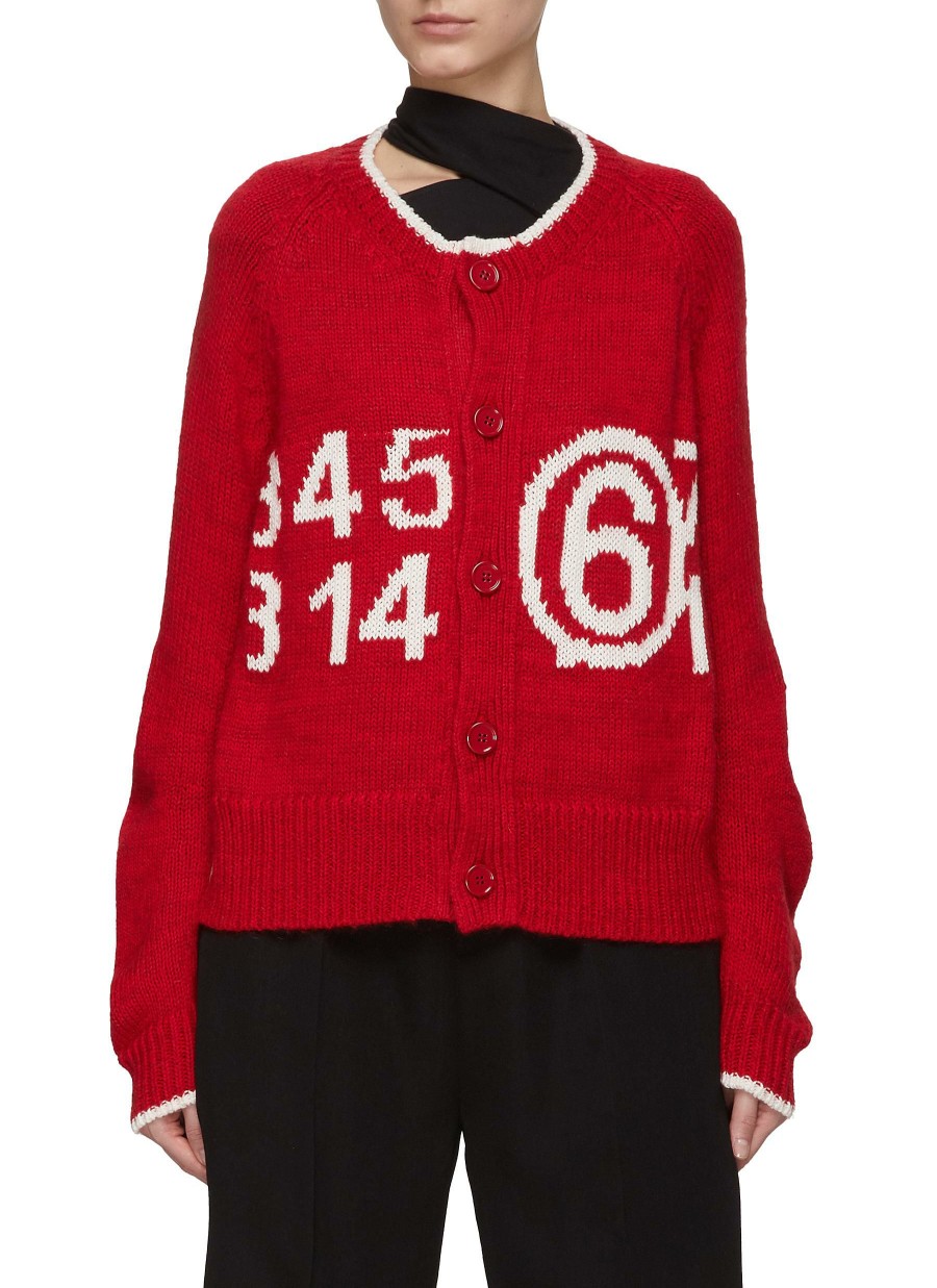 Clothing * | Mm6 Maison Margiela Outlet Sale Number 6 Logo Intarsia Scoop Neck Knit Cardigan