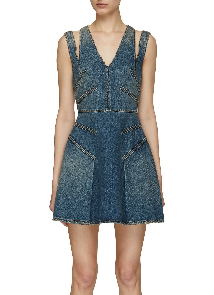 Clothing * | Alexander Mcqueen Free Delivery Cutout Detail V-Neck Denim Mini Skater Dress