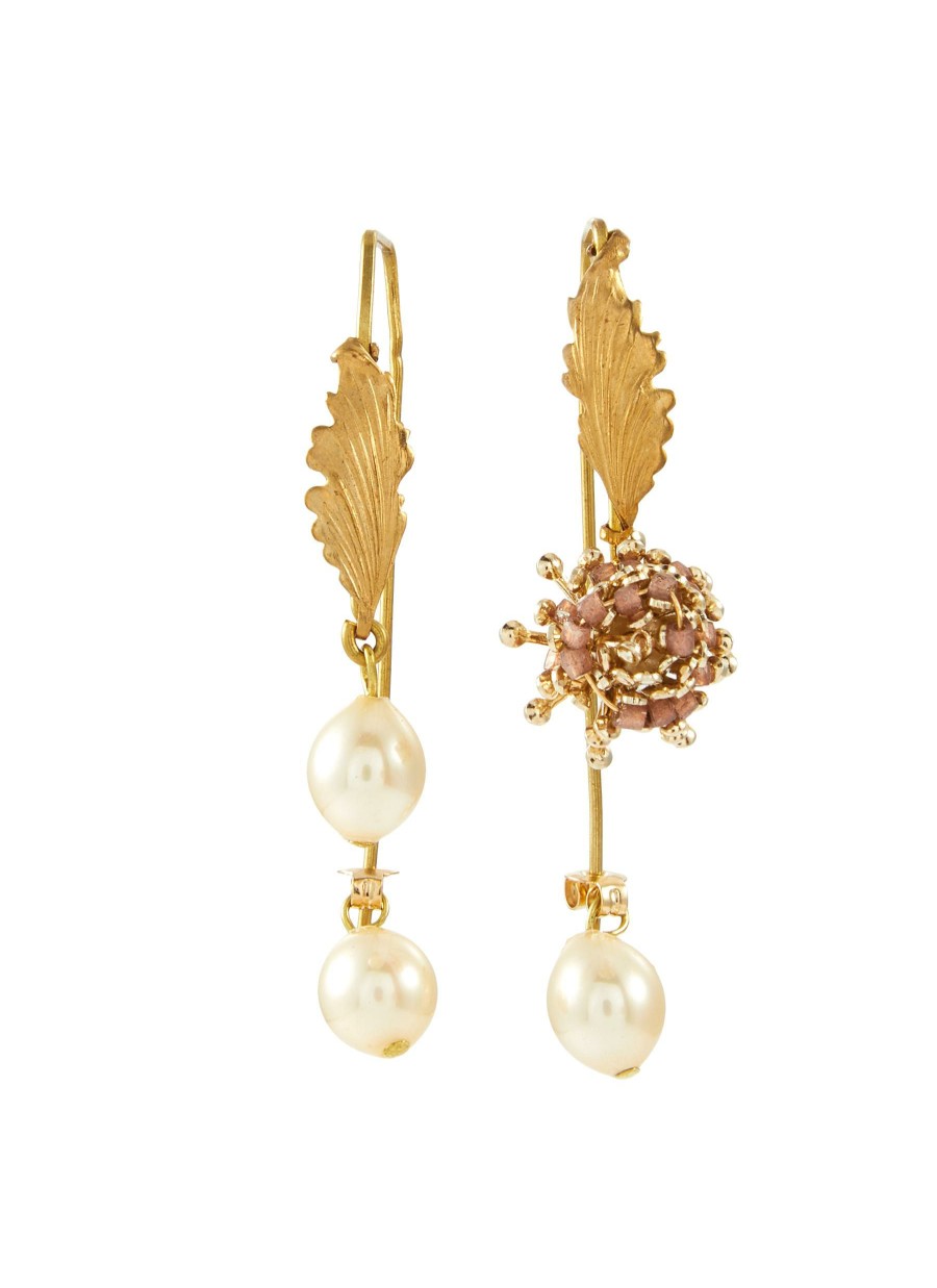 Accessories * | Monshiro Excellent Quality 'Sucabiosa Tsubomi' Gold Plated Metal Glass Pearl Mismatch Hook Earring