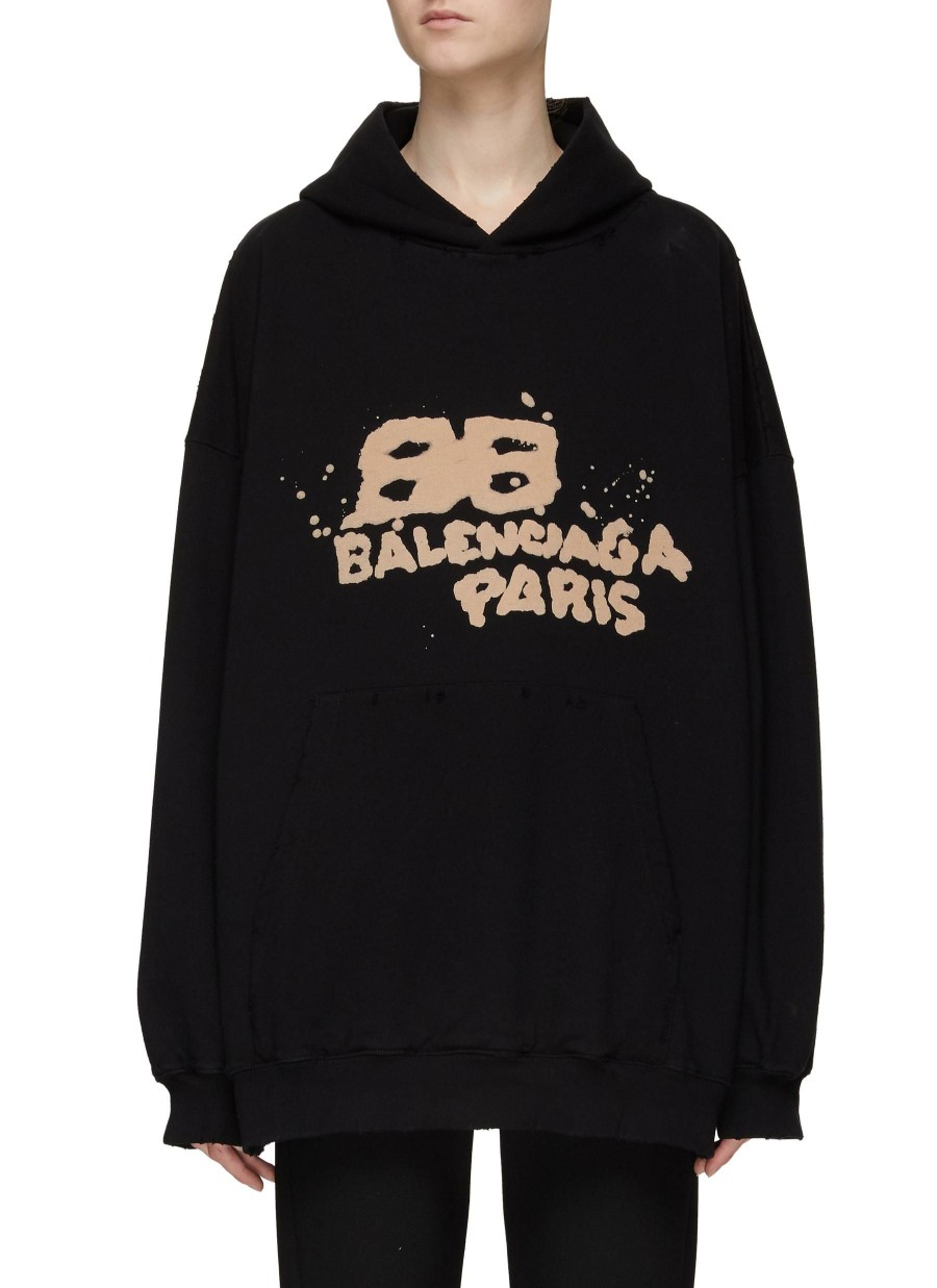 Clothing * | Balenciaga Clearance Oversized Logo Print Pullover Hoodie