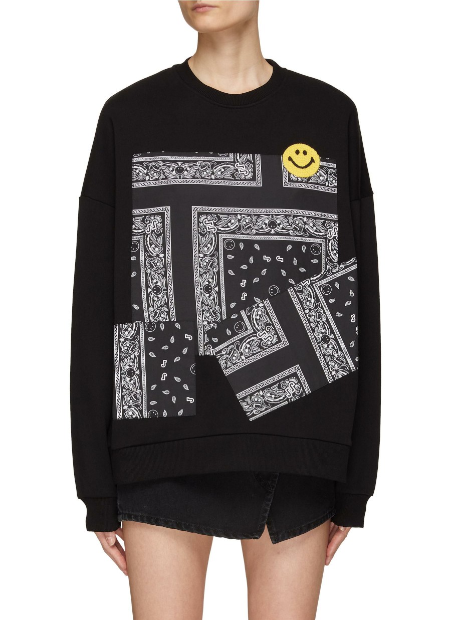 Clothing * | Joshua'S Quick Delivery Crocheted Smiley Face Bandana Panel Sweatshirt