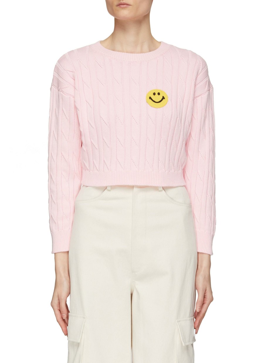 Clothing * | Joshua'S Outlet Sale Crocheted Smiley Face Cotton Knit Cropped Sweater