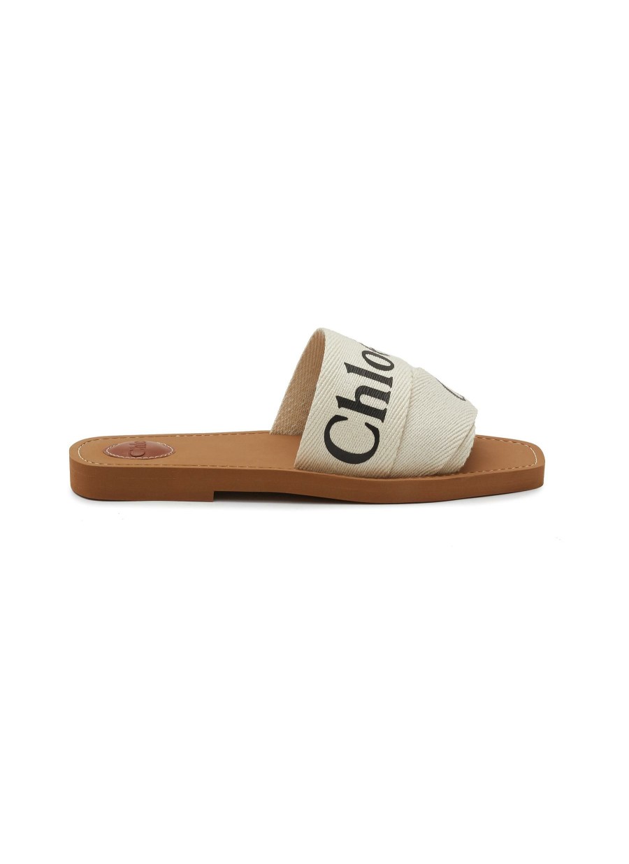 Shoes * | Chloe Flash Sale 'Woody' Logo Linen Cross Strap Slides