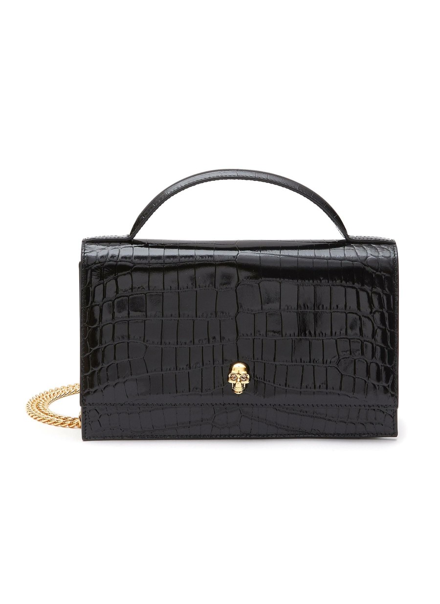 Bags * | Alexander Mcqueen Tendy Style Skull Applique Croc Effect Leather Top Handle Chain Crossbody Bag