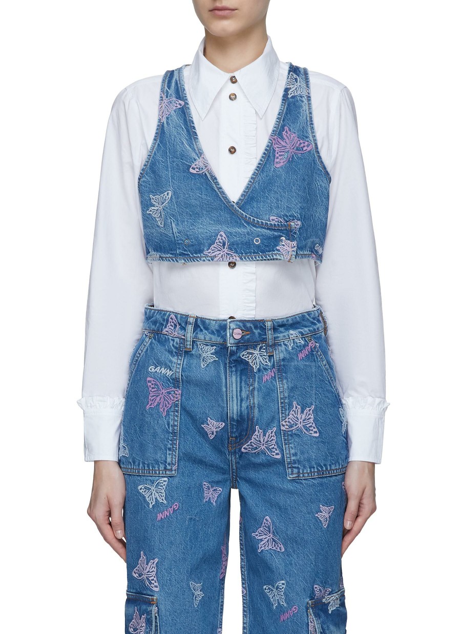 Clothing * | Ganni Quick Delivery Butterfly Embroidery Washed Denim Cropped Vest