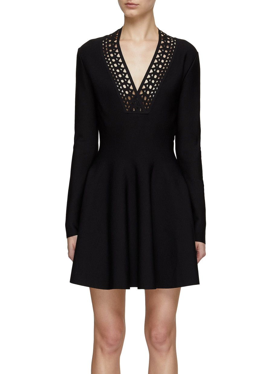 Clothing * | Alaia Free Delivery Perforated Vienne Motif V-Neck Long Sleeve Skater Dress