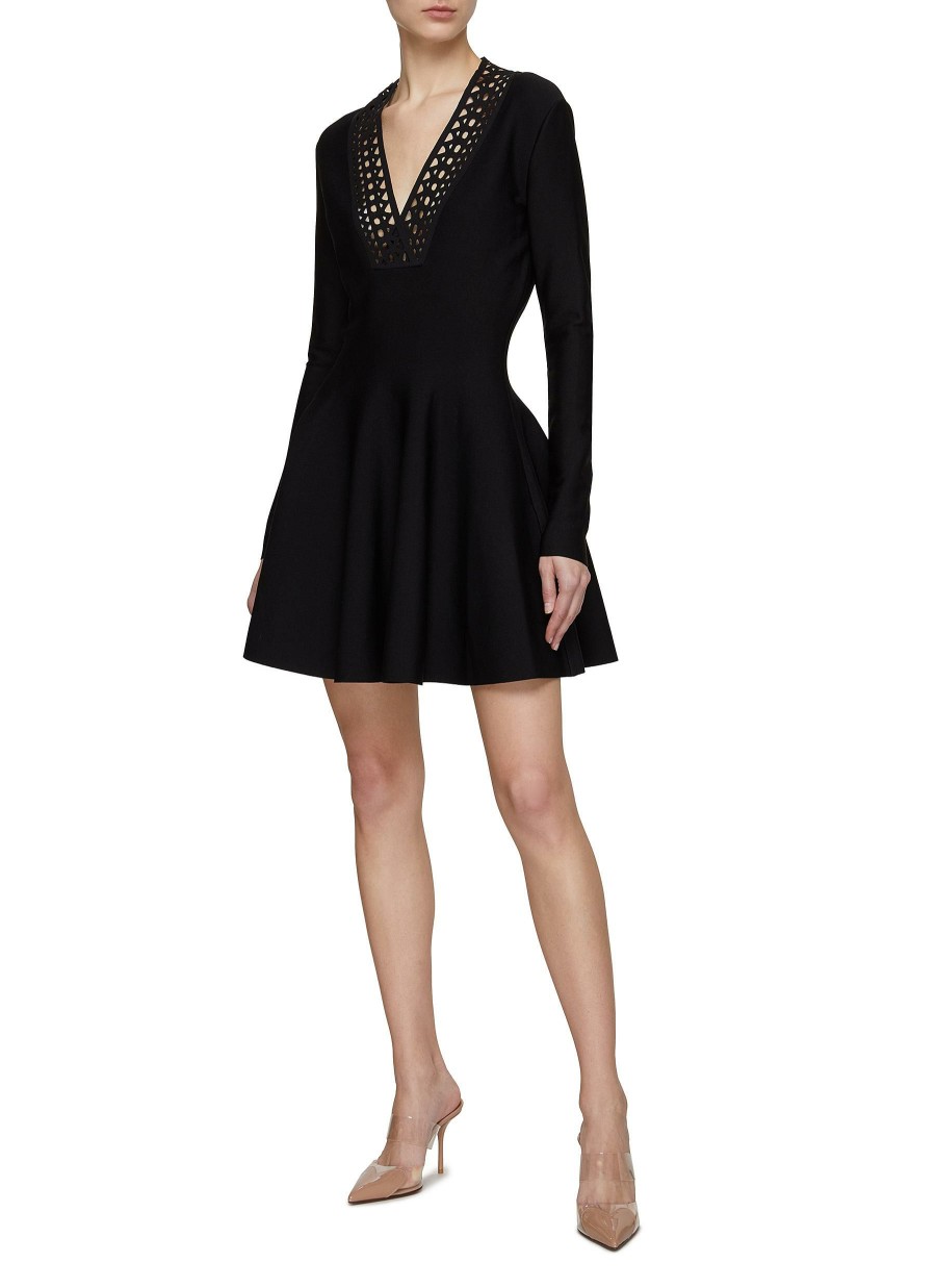 Clothing * | Alaia Free Delivery Perforated Vienne Motif V-Neck Long Sleeve Skater Dress