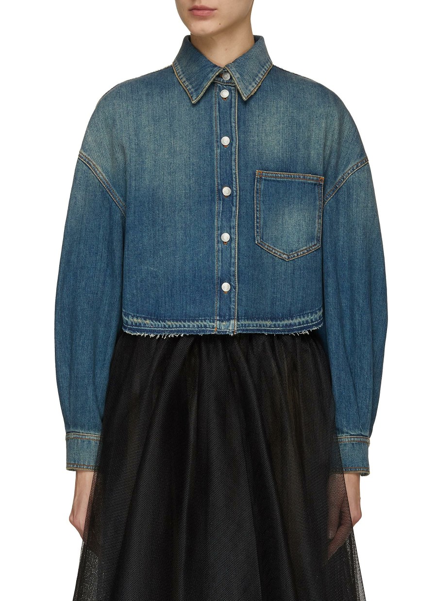 Clothing * | Alexander Mcqueen Free Delivery Raglan Balloon Sleeve Curved Hem Cropped Denim Shirt