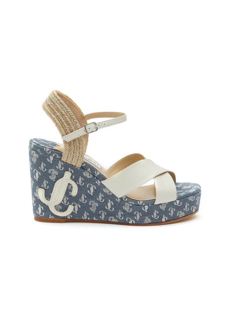 Shoes * | Jimmy Choo Fashion 'Dellena' 100 Monogram Denim Wedged Sandals