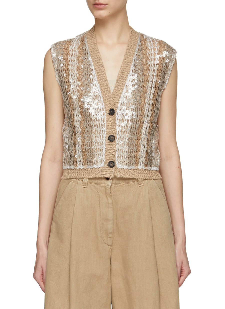 Clothing * | Brunello Cucinelli Shop Sequin Embellished Sleeveless Button Front Knit Vest