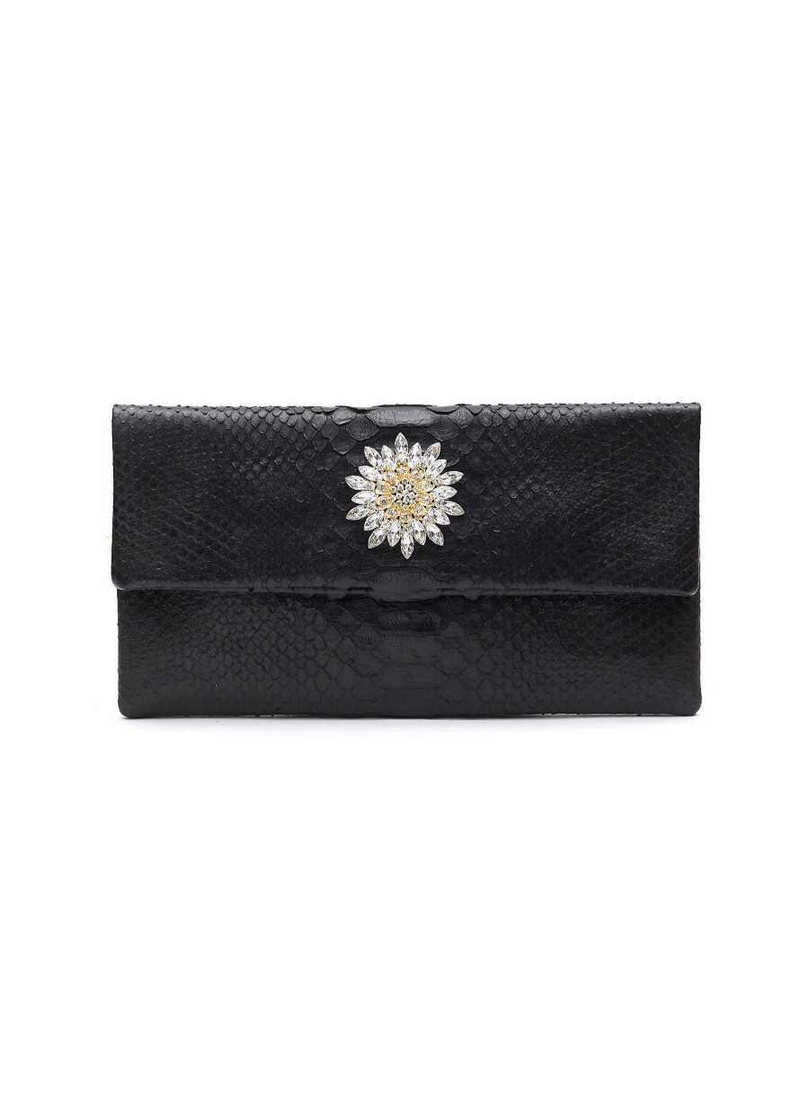 Bags * | Suzette Outlet Sale 'Henri' Medium Crystal Embellished Brooch Python Leather Clutch