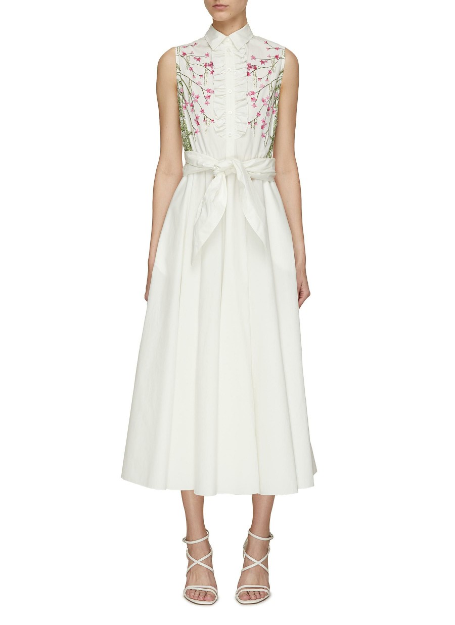 Clothing * | Giambattista Valli Online Floral Embroidery Sleeveless Cotton Poplin Midi Dress