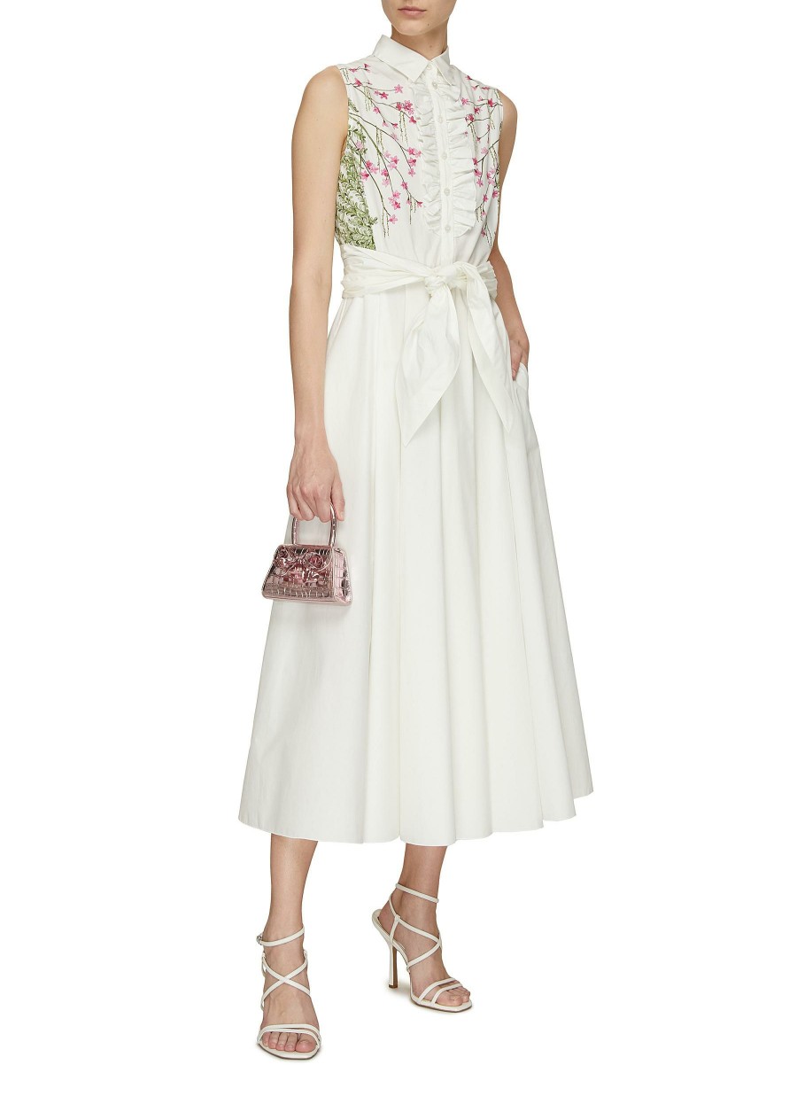 Clothing * | Giambattista Valli Online Floral Embroidery Sleeveless Cotton Poplin Midi Dress