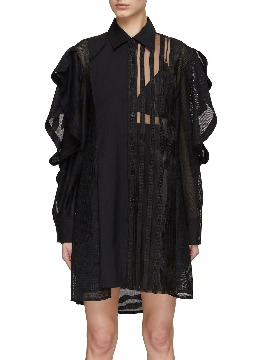 Clothing * | Feng Chen Wang Outlet Sale Sheer Panel Ruffle Detail Sleeve Mini Shirt Dress