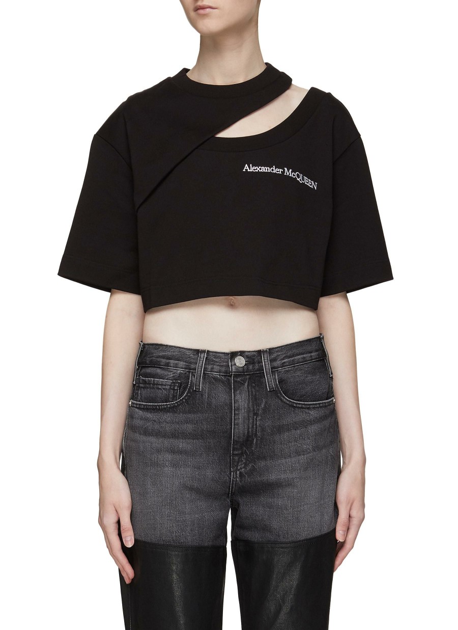 Clothing * | Alexander Mcqueen Flash Sale Shoulder Cutout Asymmetric Hem Cropped T-Shirt