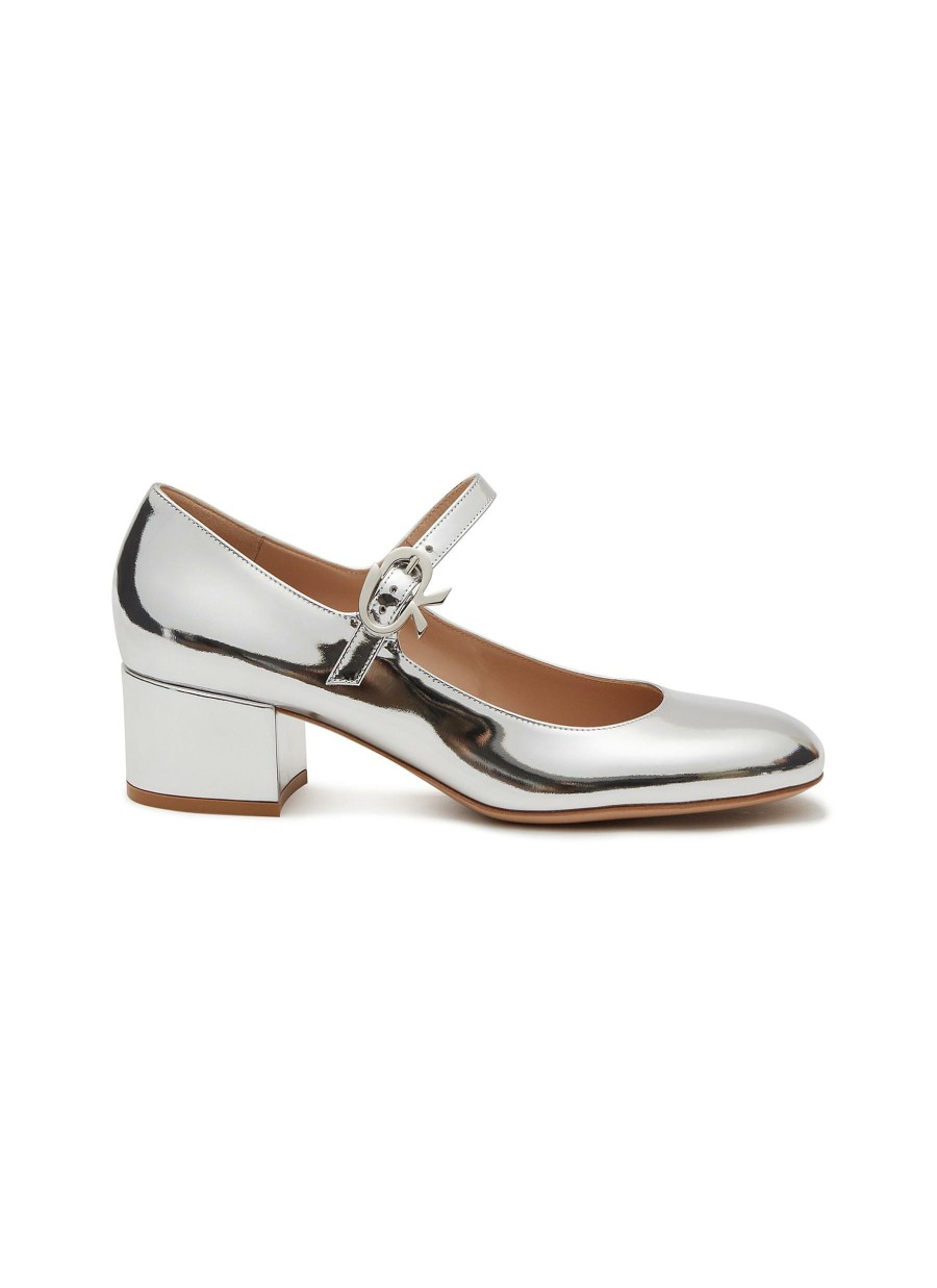 Shoes * | Gianvito Rossi Outlet 'Ribbon' 45 Metallic Leather Heeled Mary Jane Ballerinas