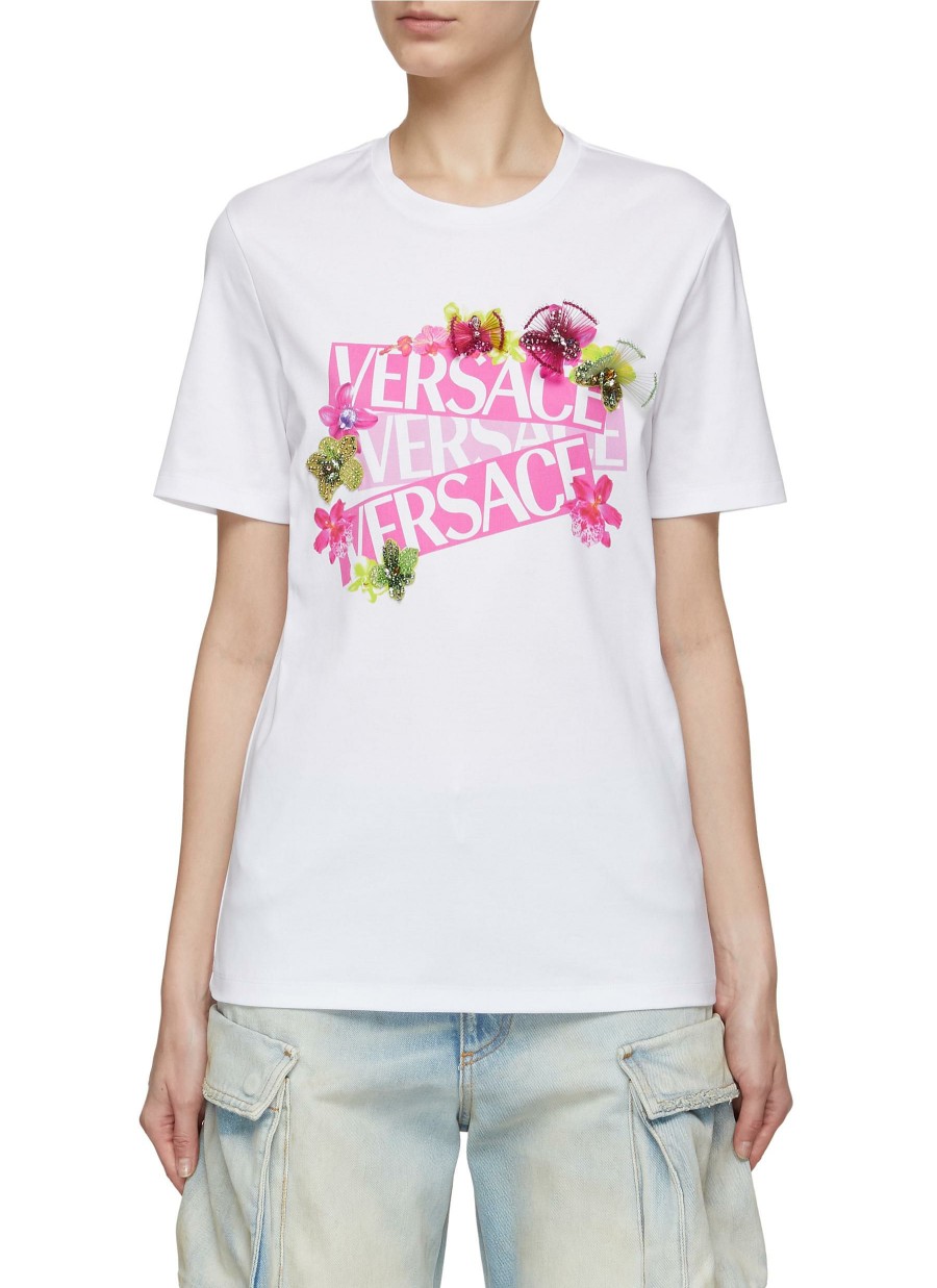 Clothing * | Versace Shop Logo Orchid Print Rhinestone Embellished Applique T-Shirt