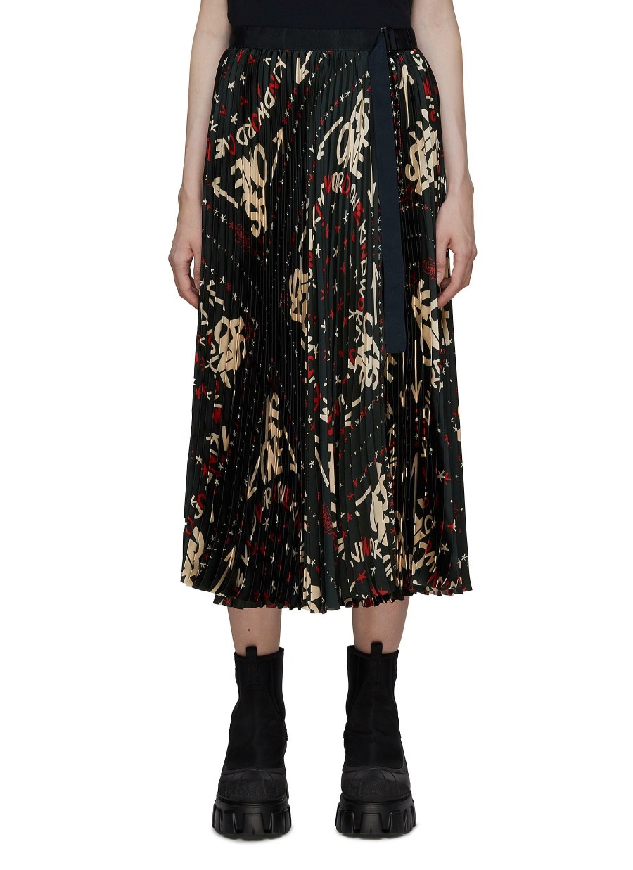 Clothing * | Sacai Premium Slogan Print Pleated Midi Skirt