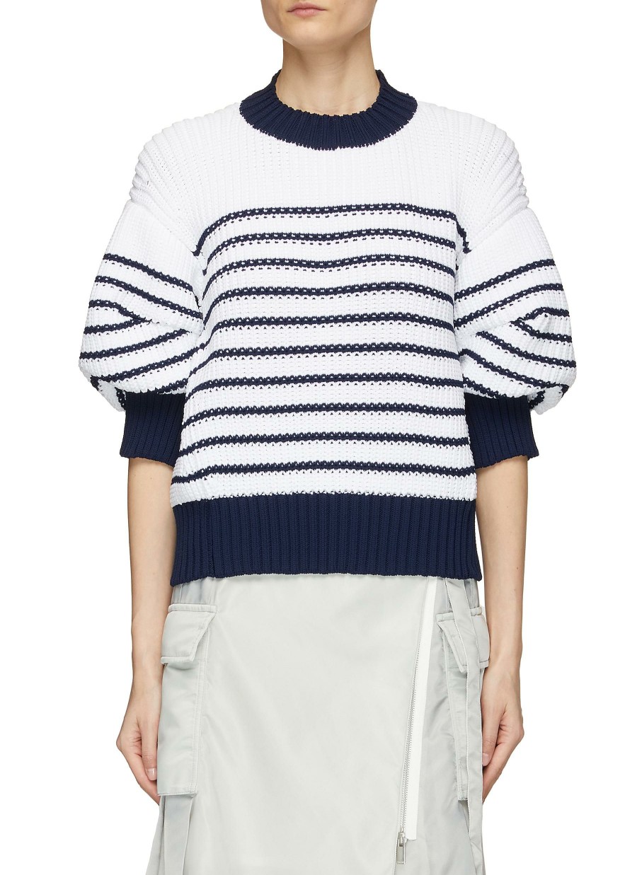 Clothing * | Sacai Flash Sale Puff Sleeve Striped Knit Sweater