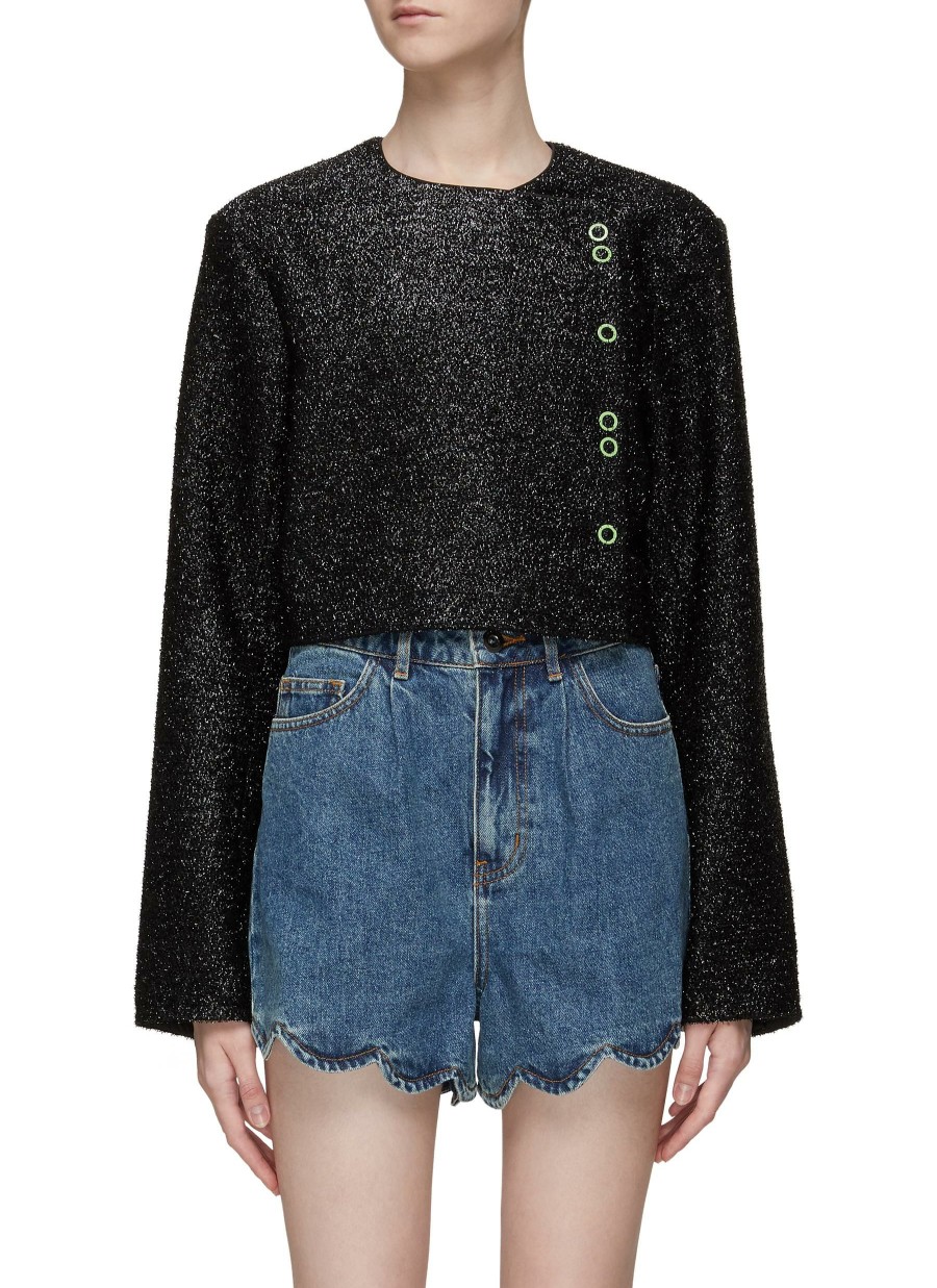 Clothing * | Ganni Outlet Sale Crewneck Wrap Effect Sparkle Cropped Jacket