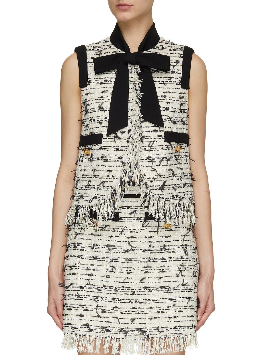 Clothing * | Giambattista Valli Fashion Contrast Collar Bow Applique Frayed Hem Boucle Tweed Waistcoat