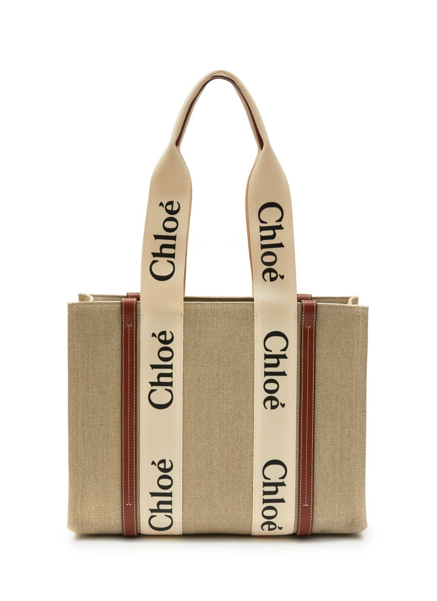 Bags * | Chloe Hot Sale Medium 'Woody' Eco Linen Canvas Tote Bag