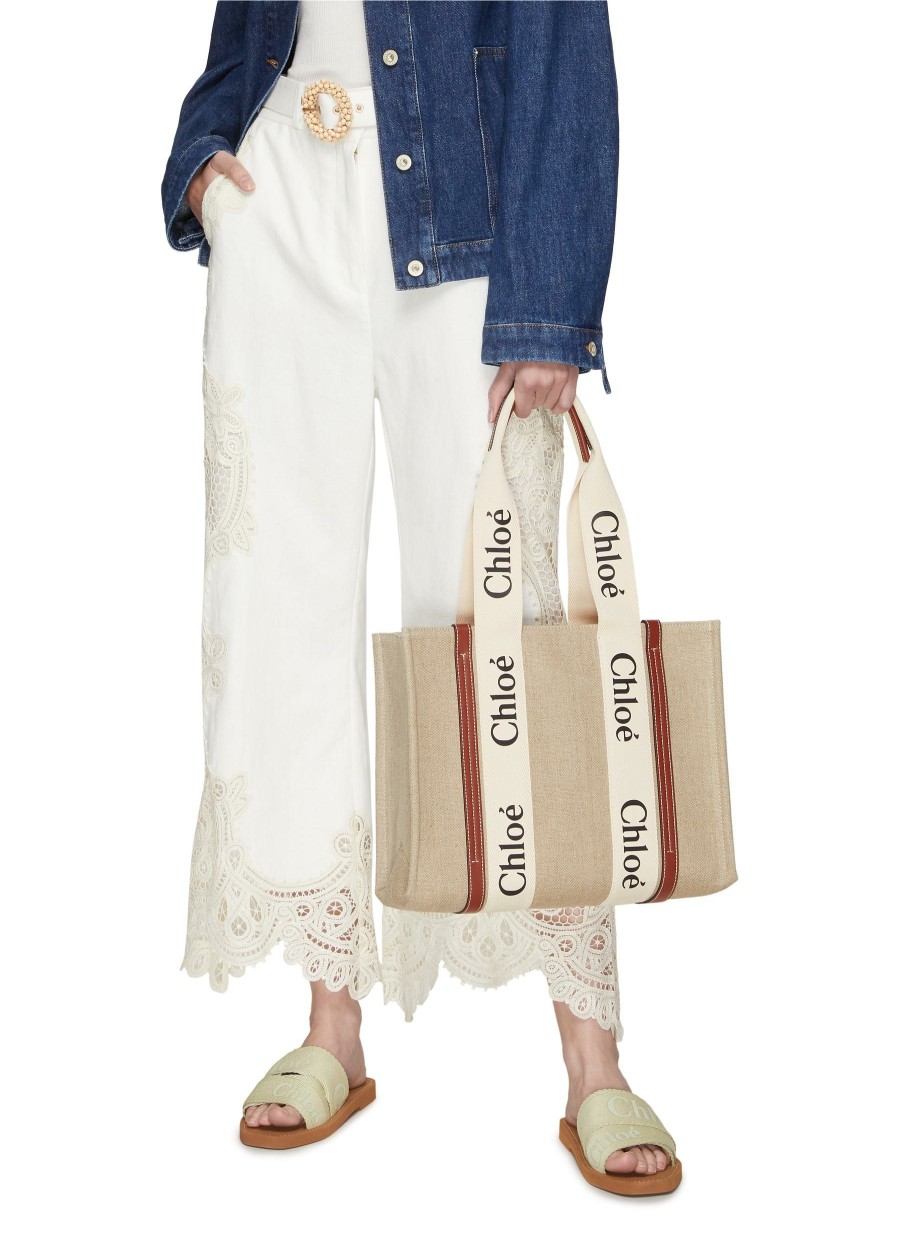 Bags * | Chloe Hot Sale Medium 'Woody' Eco Linen Canvas Tote Bag