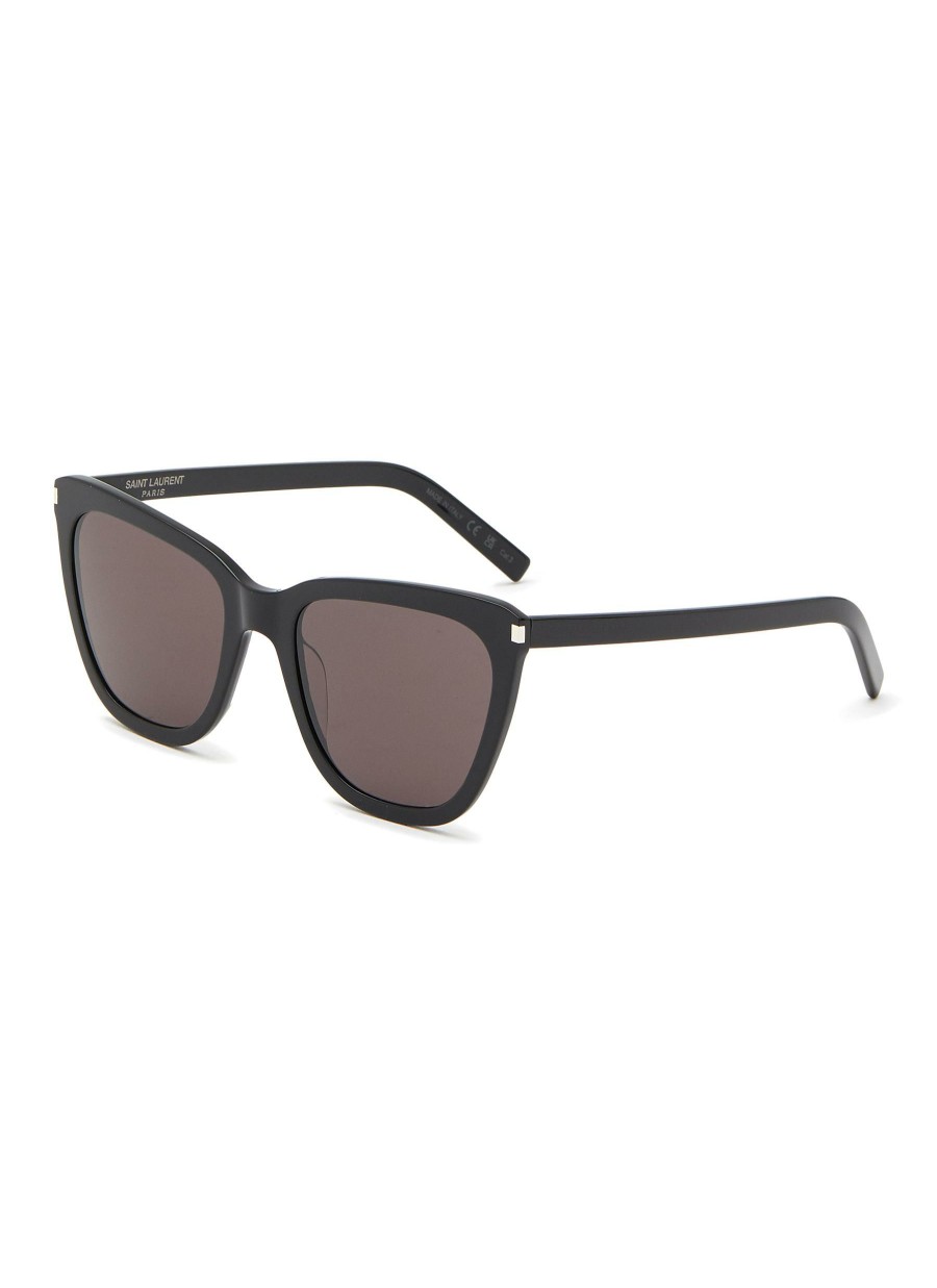 Accessories * | Saint Laurent Premium Grey Lens Acetate Angular Frame Logo Temple Cat Eye Sunglasses