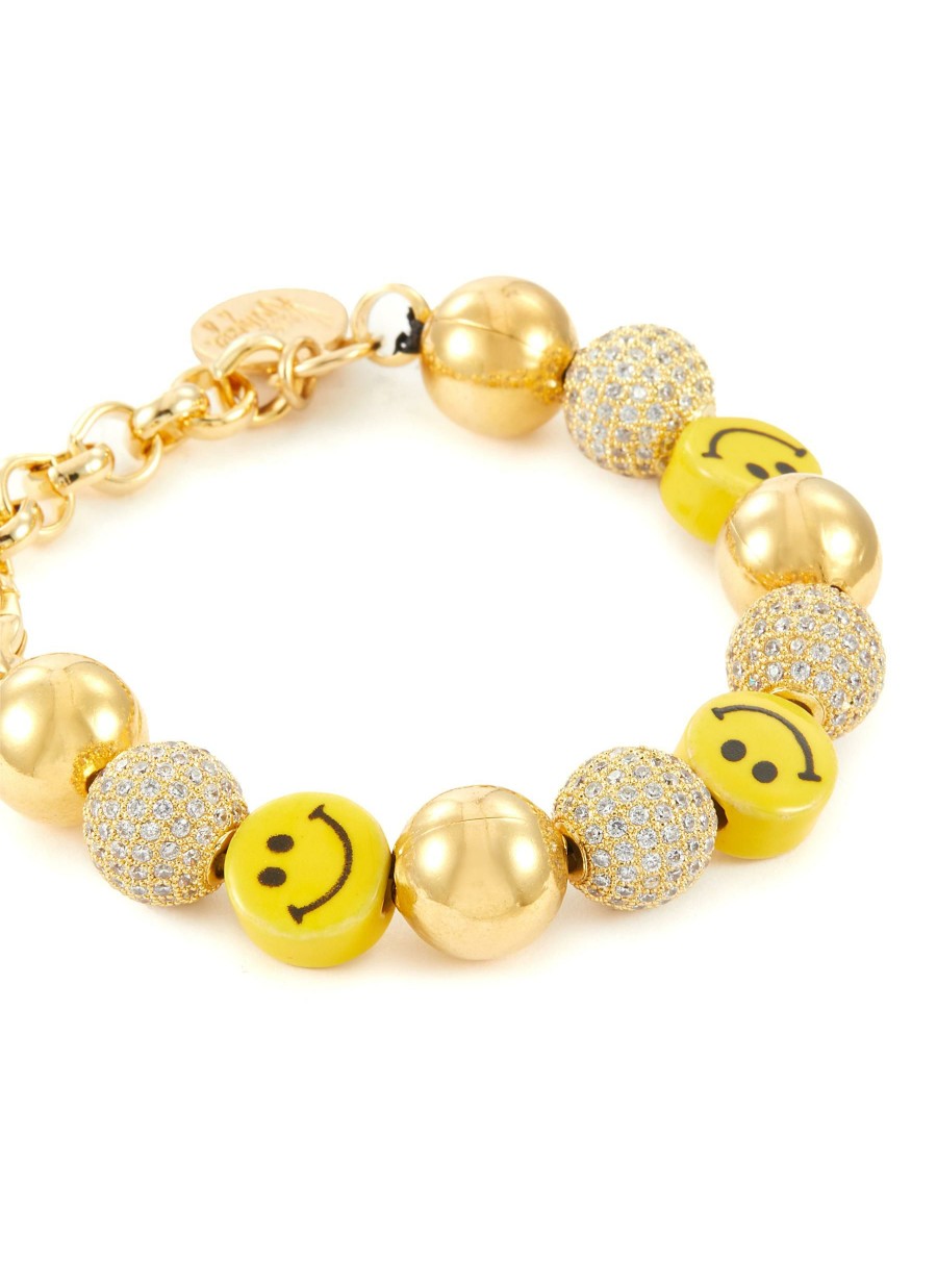 Accessories * | Venessa Arizaga Flash Sale 'Disco Smiley' Gold Plated Brass Ceramic Glass Bead Rhinestone Bracelet