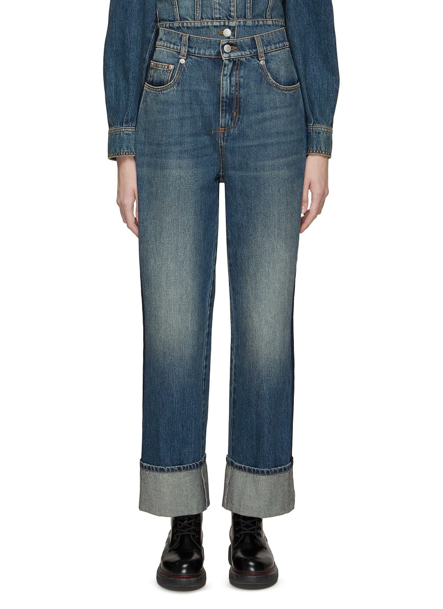 Clothing * | Alexander Mcqueen Best Sellers Whiskering Detail High Rise Cuffed Straight Leg Jeans