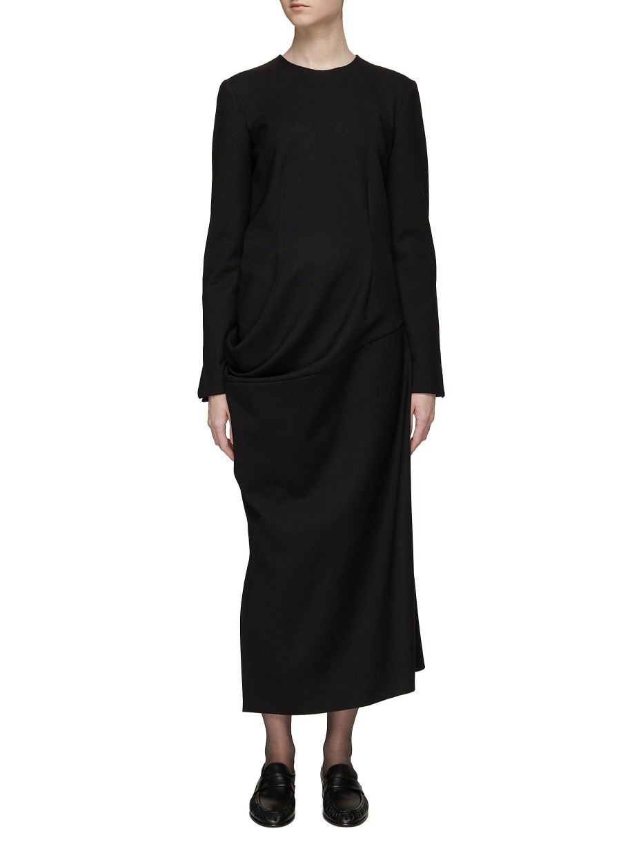 Clothing * | The Row Outlet Sale 'Lucienne' Draped Detail Side Slit Wool Midi Dress