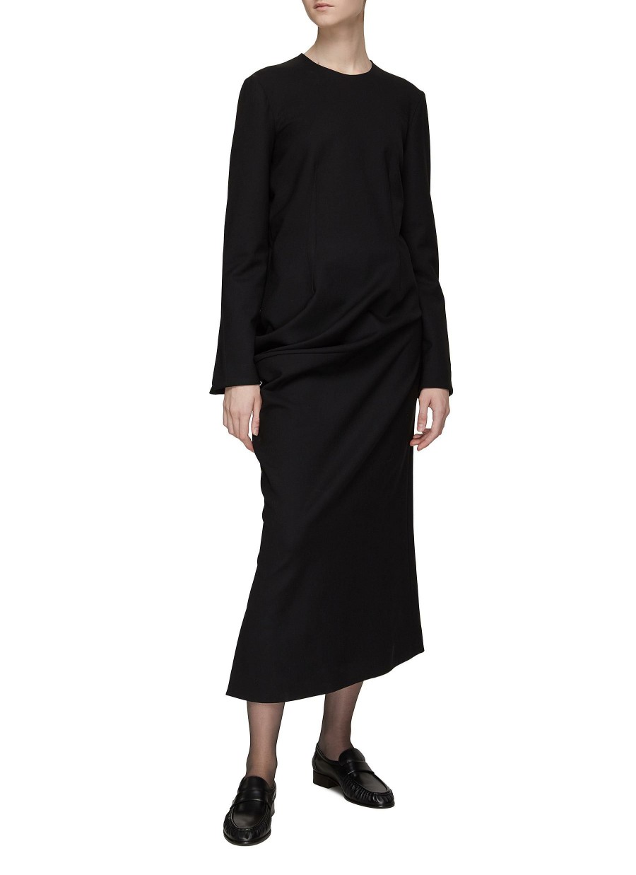 Clothing * | The Row Outlet Sale 'Lucienne' Draped Detail Side Slit Wool Midi Dress