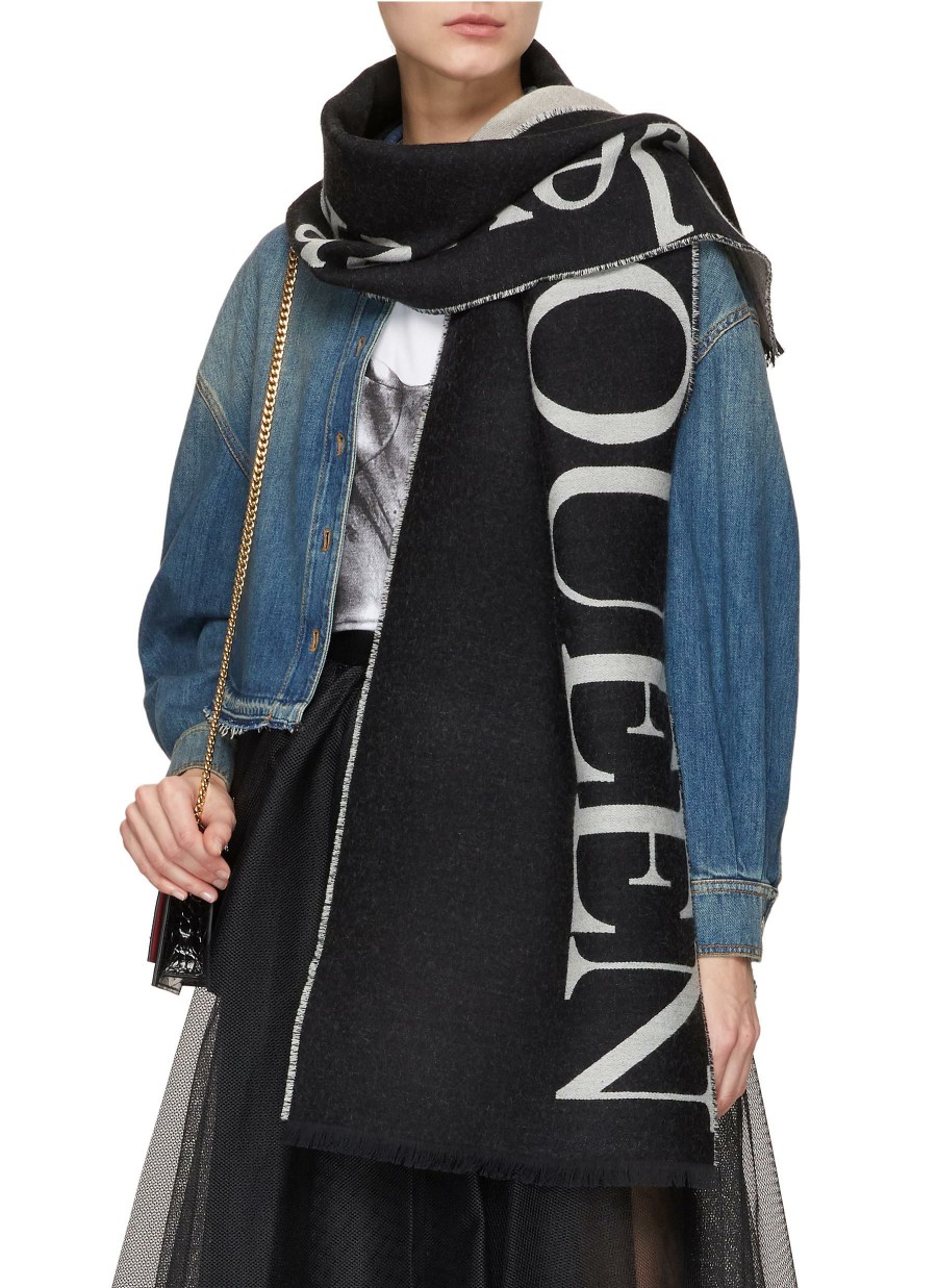 Accessories * | Alexander Mcqueen Crazy Deals Enlarged Logo Jacquard Brushstroke Silk Wool Blend Scarf