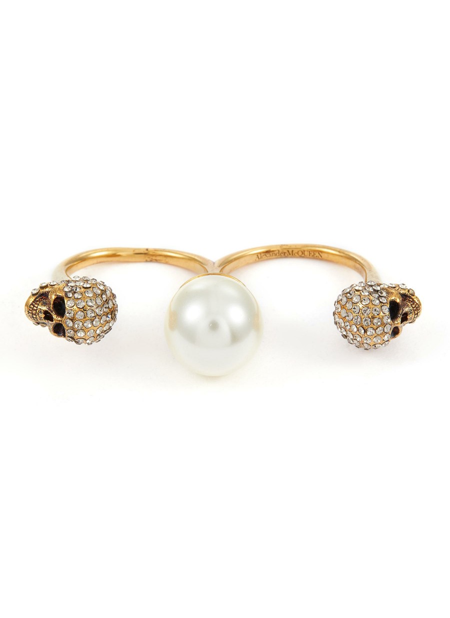 Accessories * | Alexander Mcqueen Hot Sale Crystal Embellished Skull Faux Pearl Ring