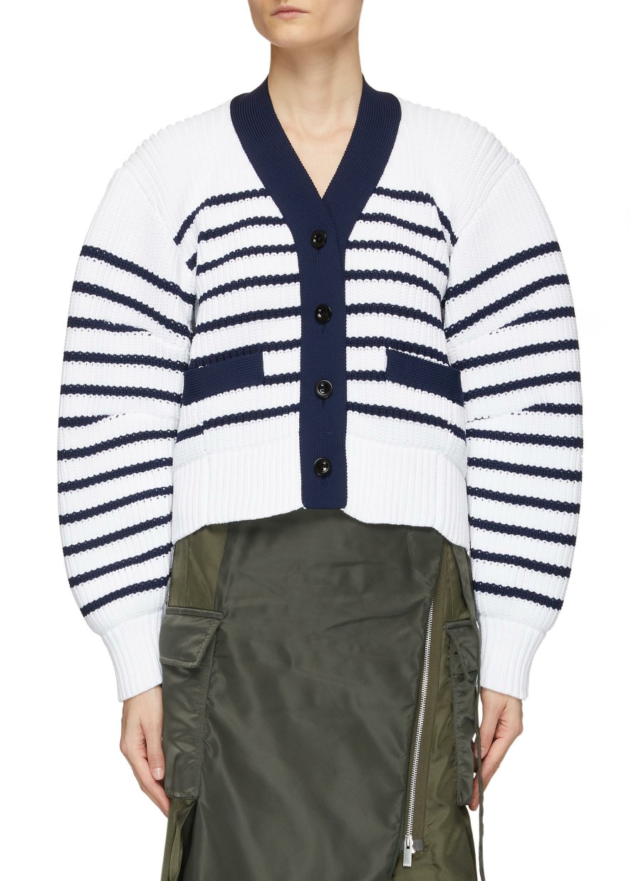 Clothing * | Sacai Outlet Sale Puff Sleeve Striped V-Neck Cardigan