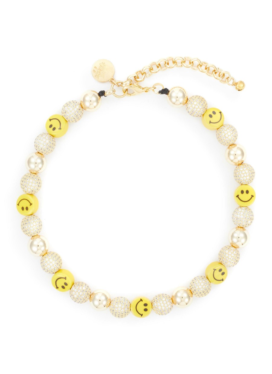 Accessories * | Venessa Arizaga Hot Sale 'Disco Smiley' Gold Plated Brass Ceramic Glass Bead Rhinestone Necklace