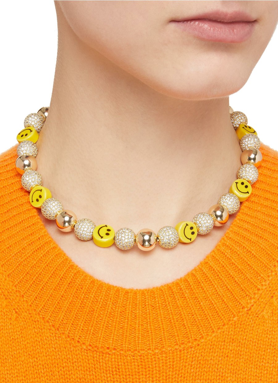 Accessories * | Venessa Arizaga Hot Sale 'Disco Smiley' Gold Plated Brass Ceramic Glass Bead Rhinestone Necklace