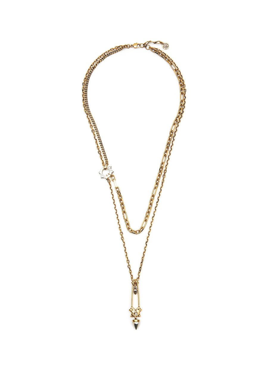 Accessories * | Alexander Mcqueen Best Sale Brass Stud Pin Pendant Double Chain Punk Necklace