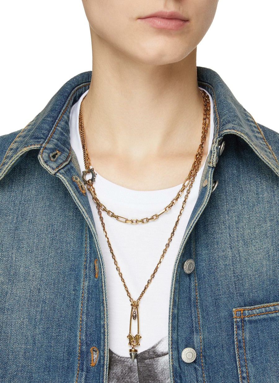 Accessories * | Alexander Mcqueen Best Sale Brass Stud Pin Pendant Double Chain Punk Necklace